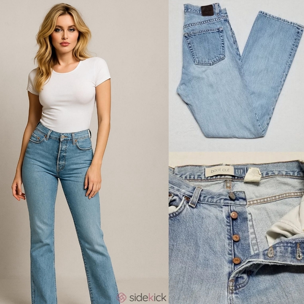 Vintage 1990s GAP Bootcut Button Fly Stone Wash High Rise Distressed Jeans 8